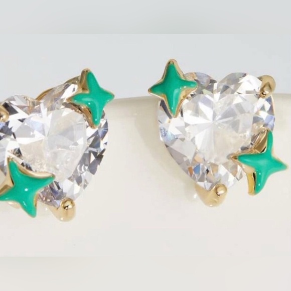 “Love You to the Stars” Clear Swarovski Heart Crystal 14K Green Bethlehem Studs - Picture 4 of 4
